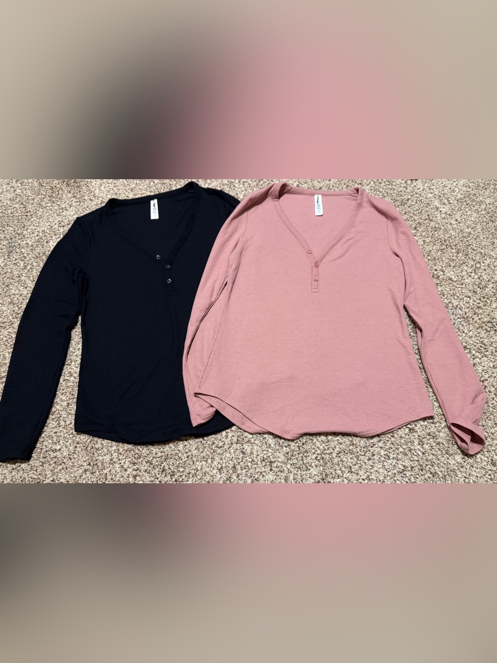 Athleta Wind Down Sleep Top Waffle Henley Bundle Set of 2 Pink Black Small EUC